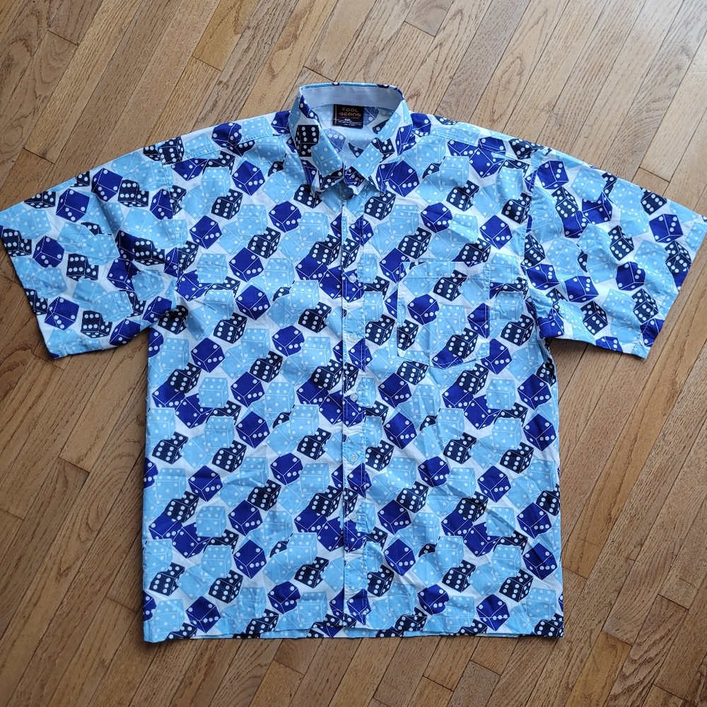 Blue Dice Shirt All Over Graphic Pattern Button Up Short Sleeve
